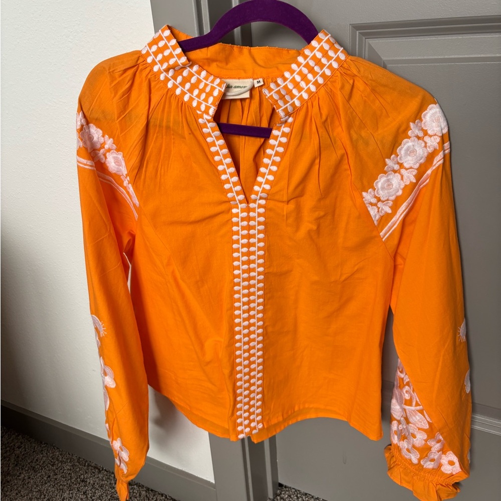 Embroidered Orange Peasant Blouse - Unbranded